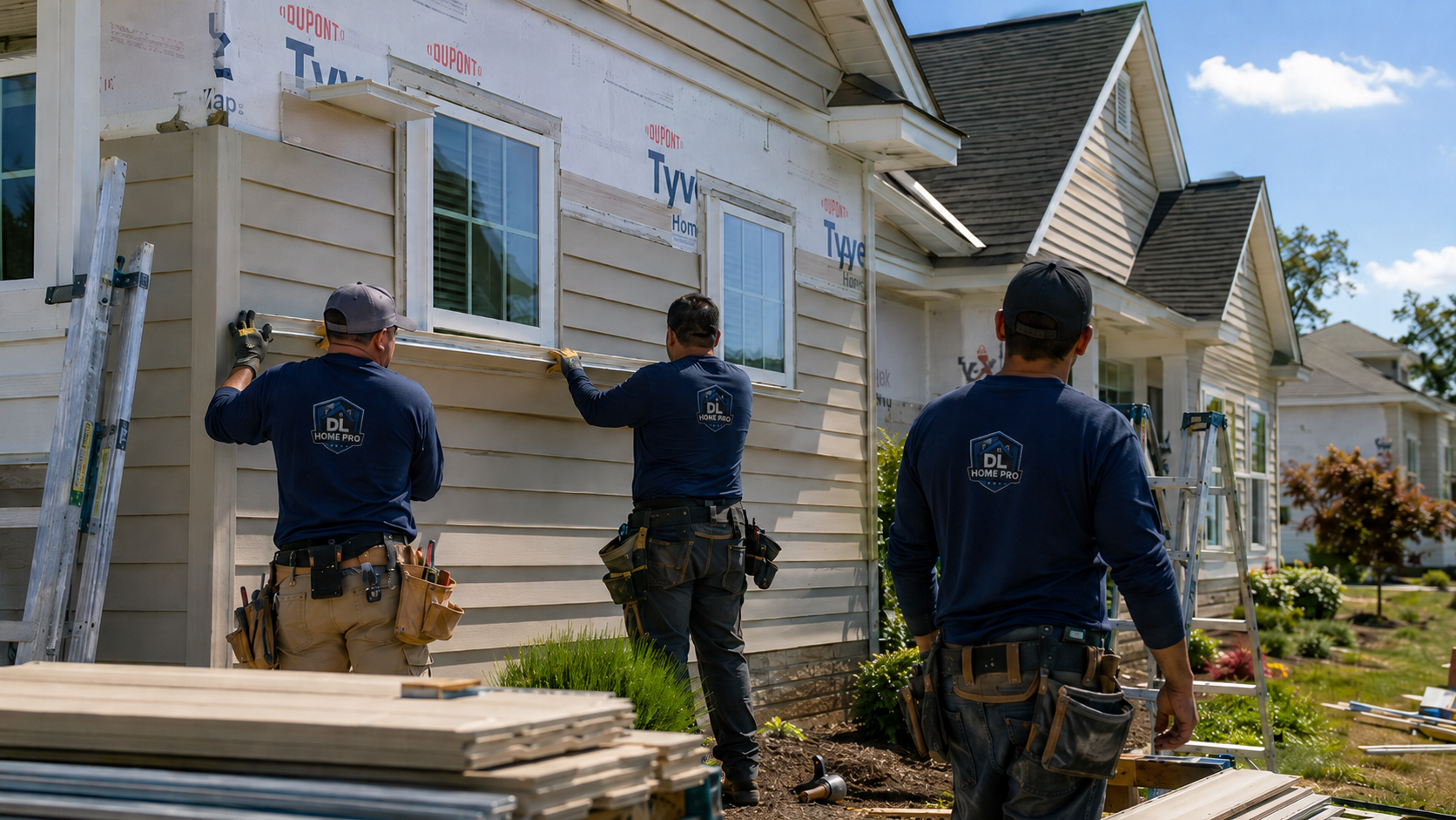 Crew installing siding